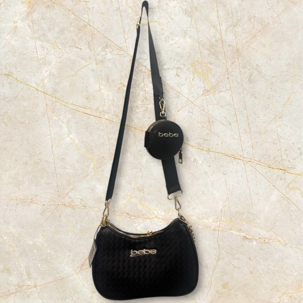 Bebe Taffy Elegant Black Crossbody Bag with Gold Accents - MSRP $99 NWT - Picture 1 of 3